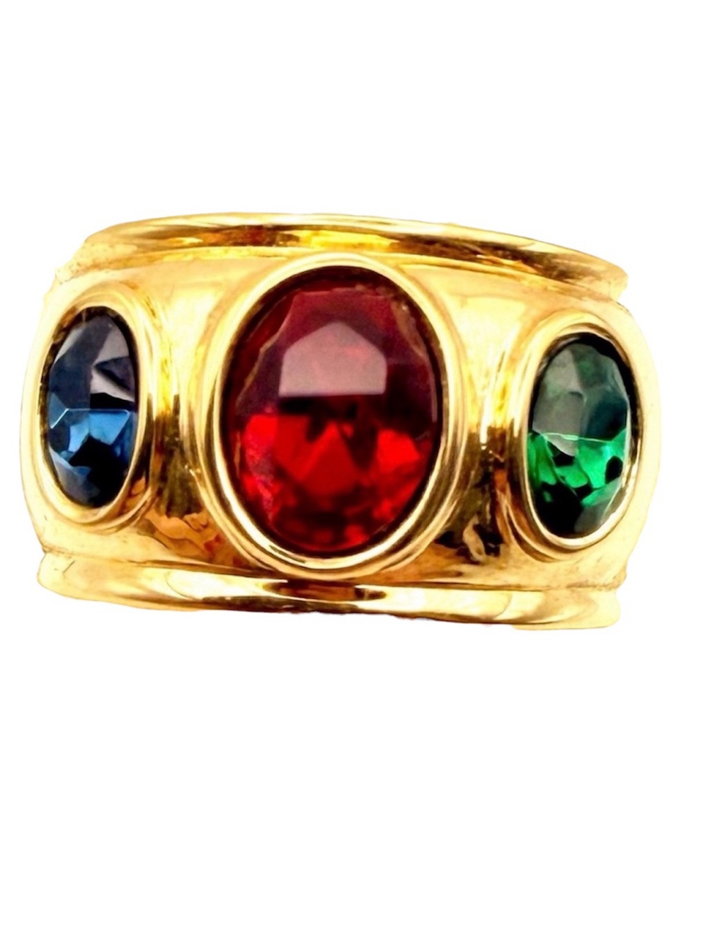 Vintage Gold Tone Red Green Blue Glass Cabochon Cigar Band Ring
